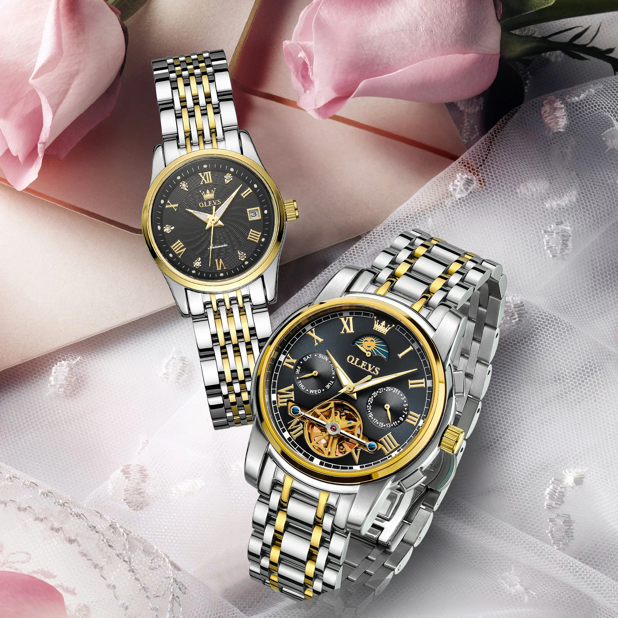 

OLEVS Механические часы для пар, скелетонизированный маховик, 24-часовые мужские часы с фазой Луны, элегантные женские часы, роскошные автоматические часы