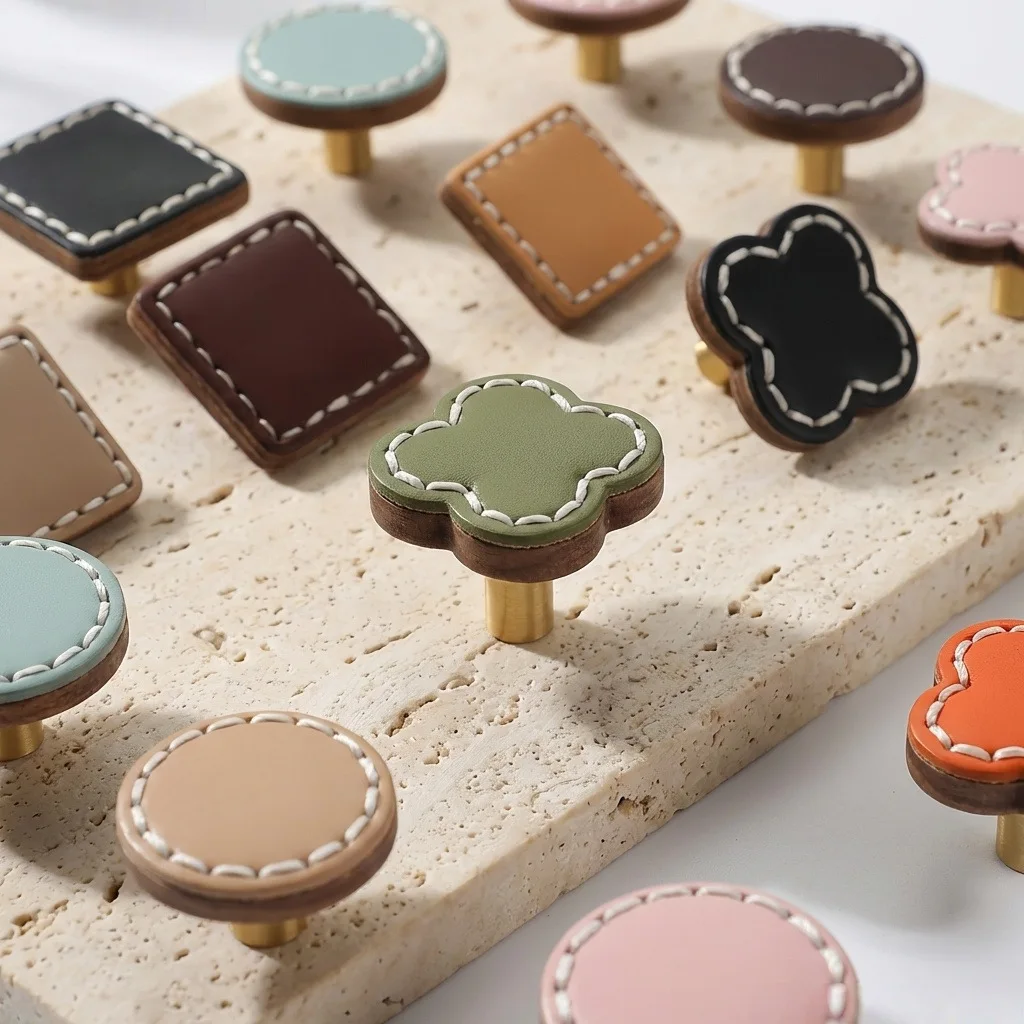 Cream Style Round Wooden Wrapped Leather Pulls Gentle Macaron Color Knobs Cabinet Drawer Wardrobe Hardware Fittings