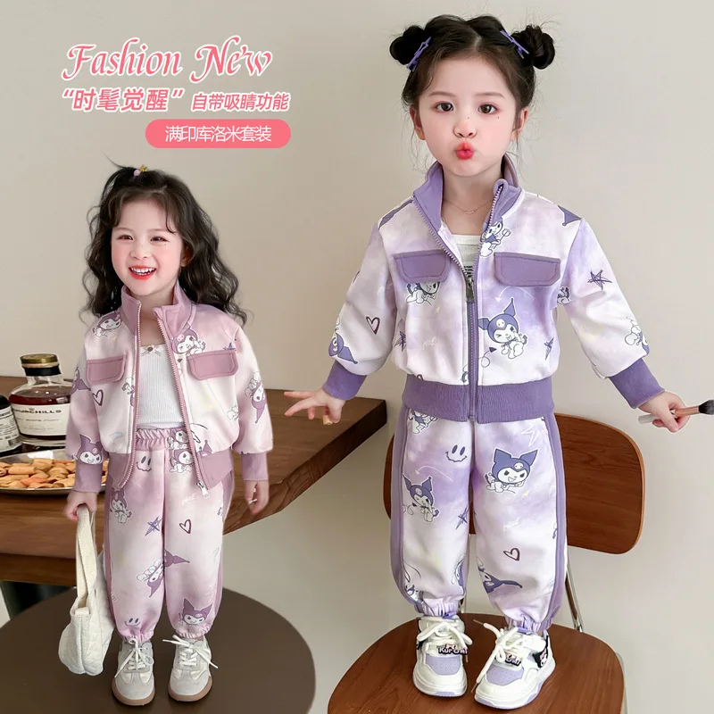 Girls Boys Kawaii MINISO Anime Kuromi Long Sleeve Coat Pants Set Spring Autumn Cute Sports Leisure Two-piece Set Clothes Gifts