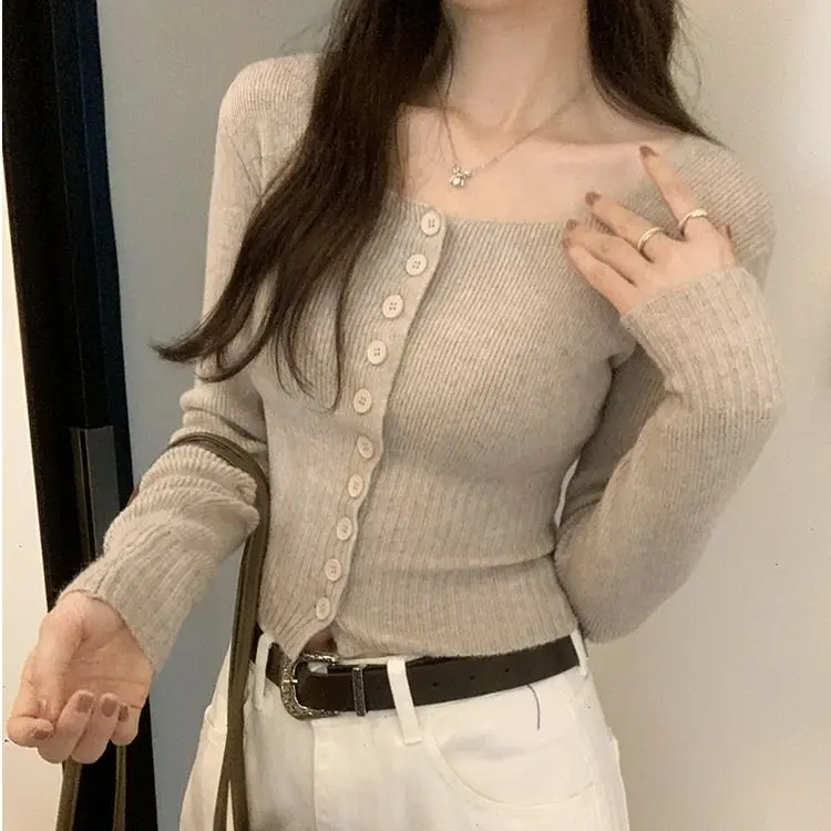 Korean Version Pure Desire Square Neck Long Sleeved Knitted Cardigan Women\'s New Style Waist Cinching Slimming Short Top