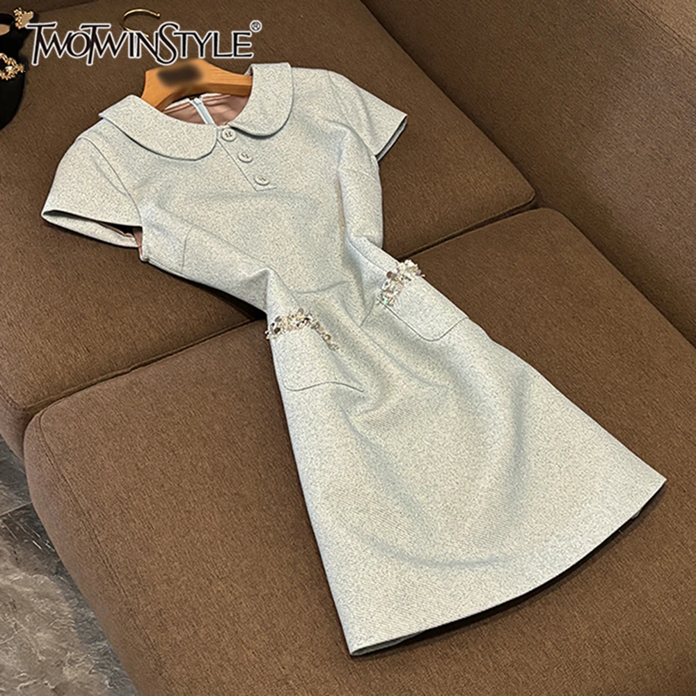 

TWOTWINSTYLE Designer Slimming Spliced Button Solid Dresses For Women Lapel Sleeveless High Waist Elegant Dress Female KDR539173