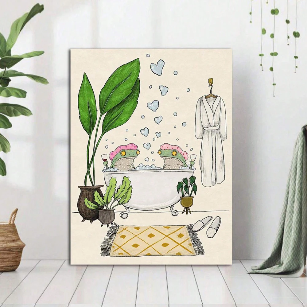 1 Pc, Unframed Canvas Print Painting Poster, Cute And Funny Animal Frog Bath, Bathroom, Room Home Decor Stuff, Wall Art