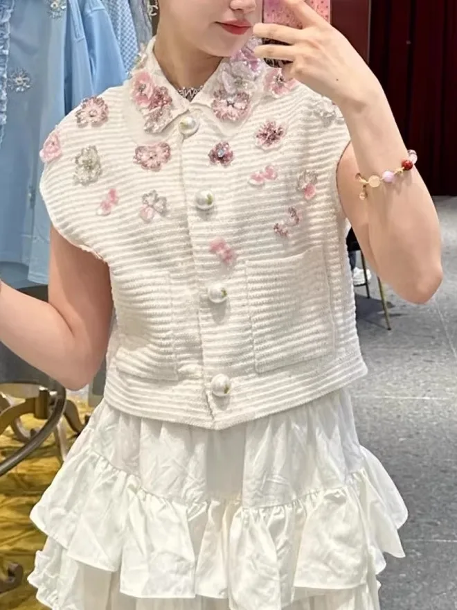 

High-End European Summer Faion 3D Flower Bead Decorated Stand Collar ort Sve Knitted Vest Top Cardigan Women'swear