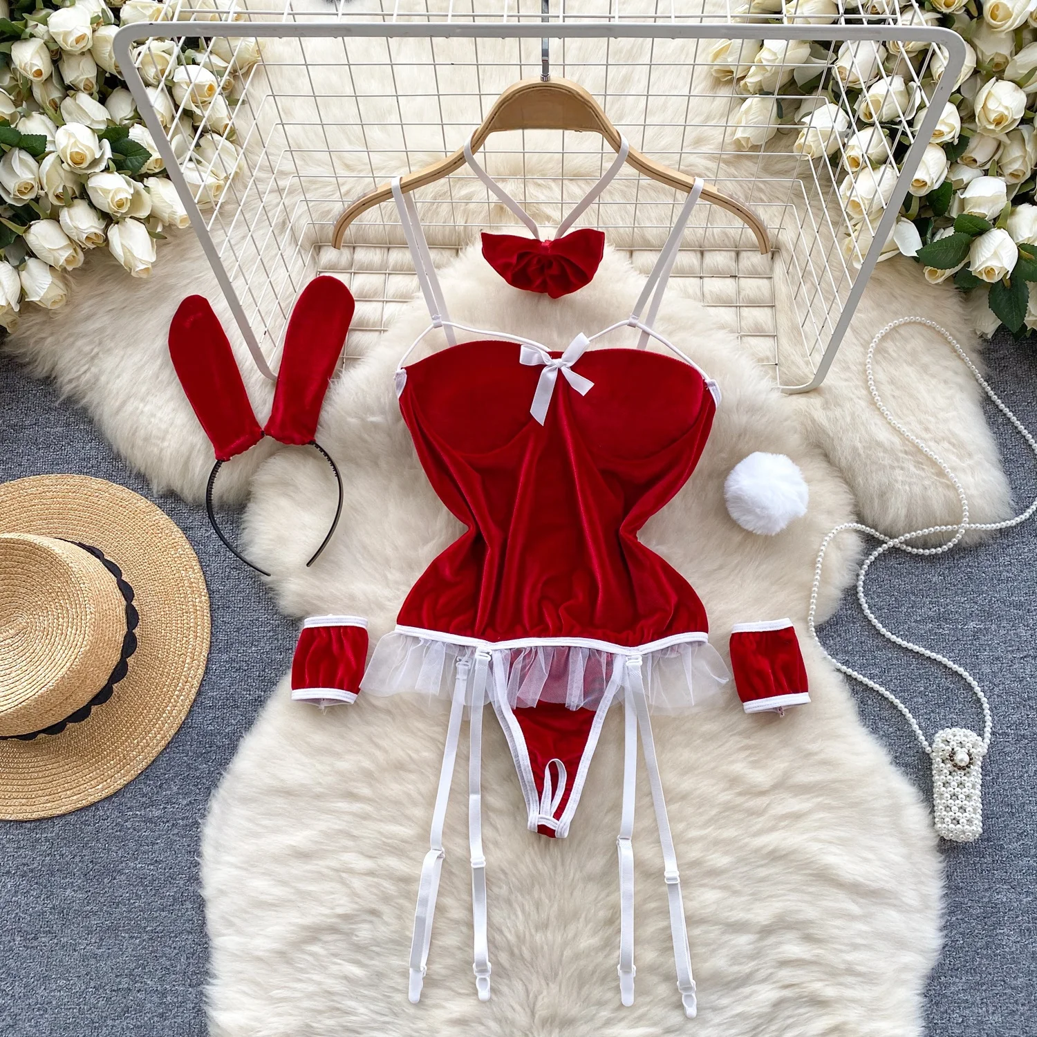 Red Christmas Sexy Lingerie Shawl Set Halter Jumpsuit Lace-up Casual Cosplay Costume Woman Clothes Skinny Bodysuit Suit Hotsweet