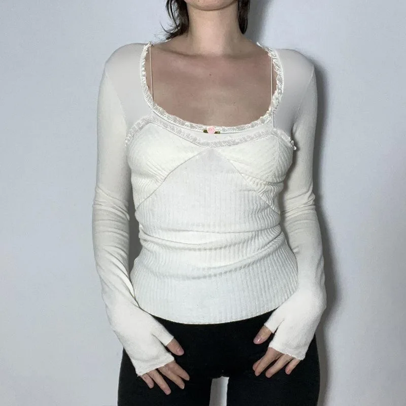 Vintage Stitched White Crop Top Women Lace Ruched Square Collar Full Sleeve T-shirt Vintage 2000s Autumn T Shirt Y2k Female