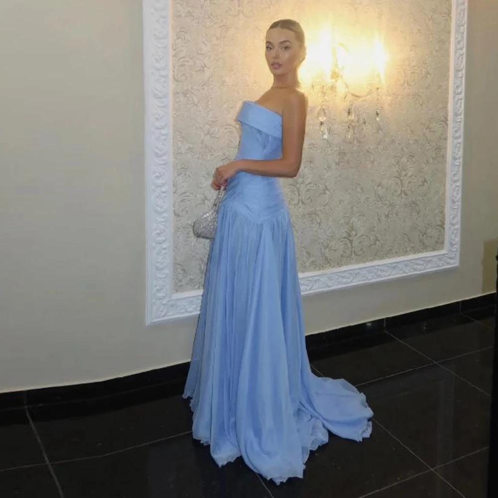 Customized Strapless A Line Evening Dresses Pleat Chiffon Wedding Guest Gown Ruched Blue Womens Summer Maxi Dress