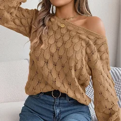 Autumn and Winter Women's Pullover One Line Neck Feather Hollow Off Shoulder Lantern Sleeve Sweater Fashion Long Sleeve Tops