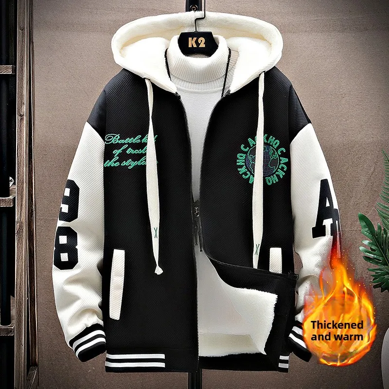 

Подростковая утепленная бейсбольная куртка на флисе для мужчин, осенне-зимнее повседневное пальто на молнии с длинными рукавами и капюшоном из полиэфирного волокна