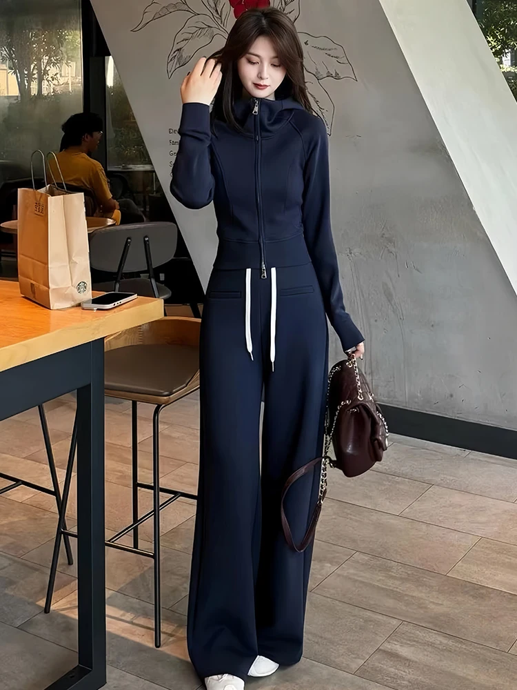 

Fall Faion High Waist Wide Leg Pants Hoodie Jaet Two Piece Set Women's Casual Sle Breathable Comfortable mid Weight