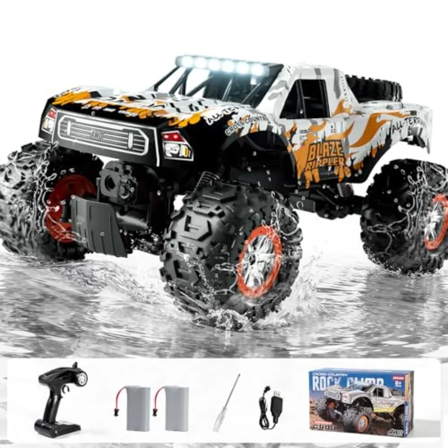Amphibious RC car for outdoor and water use, ABS plastic body in red, 2.4 GHz remote control with 60-minute runtime and dual ba