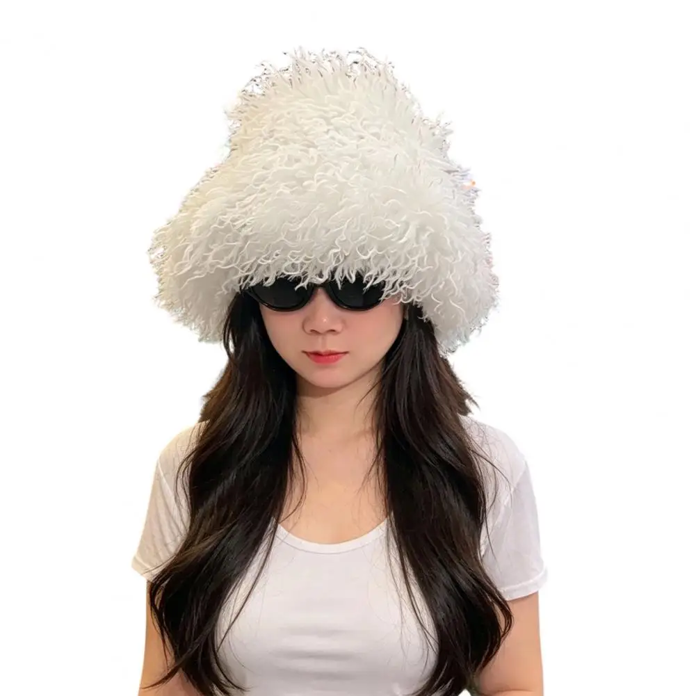 Oversized Brim Hat Women’s Curly Plush Bucket Hat Fuzzy Winter Scarf Set Soft Fluffy Warm Headwear for Weather Girls Women