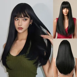 Long Straight Black Synthetic Hair Wigs with Bangs Natural Black Hair Wigs for Women Daily Party Cosplay Use Heat Resistant 26in