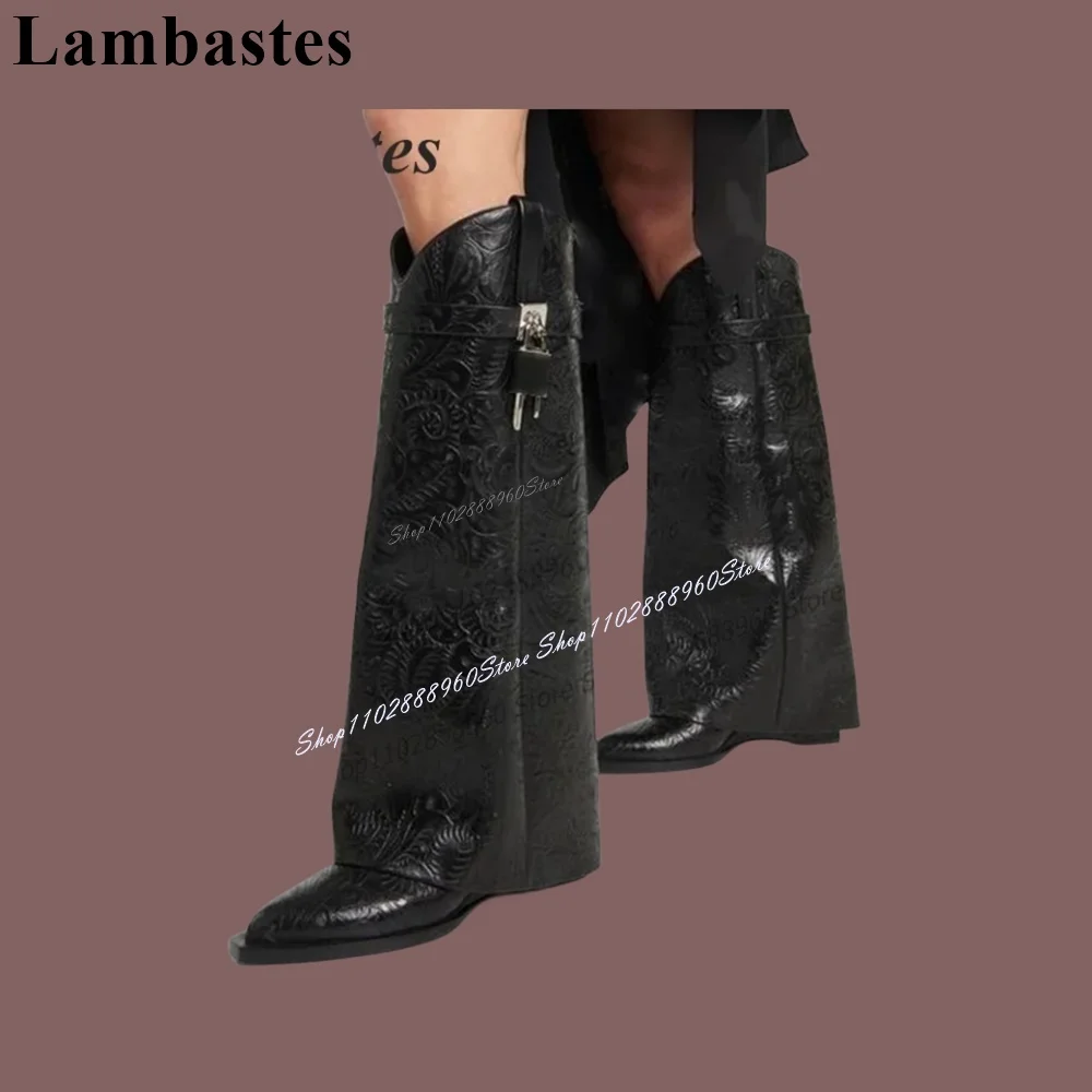 

Big Size Black Print Lock Decor Boots Knee High Wedges Heel Shoes For Women Slip-On Round Toe 2023 Fashionable Zapatillas Mujer