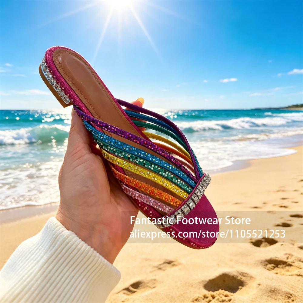 Rainbow Crystal Strap Summer Slippers Rhinestone Bling Bling Flat Slides Luxury Style Crystal Handmade Summer Sandals for Women