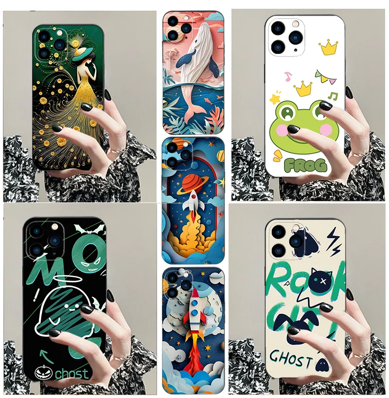 Lovely girl tpu Black soft phone case for iphone 6 7 8 G 2020 se 11 12 13 14 15 16 PRO X XS  MAX XR plus Dancing dolphins