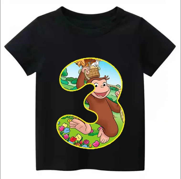 子供のための興味のある猿のプリントTシャツ、子供のための漫画の服、誕生日の数字のトップス、2年間、3年、4年、5年、6年、7年、8年、9年