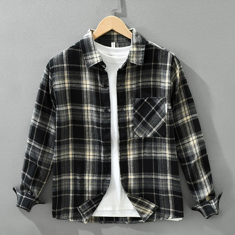 

2026, весенне-осенние новые винтажные клетчатые удобные рубашки с начесом для мужчин, уличная одежда, мужские топы