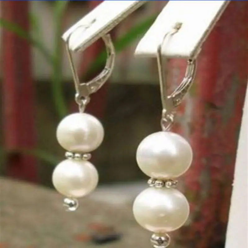 

8mm White Shell Pearl Round Beads Silver Dangle Earrings Everyday Hoop Crystal Office Children Men Clip-on Party Art Casual