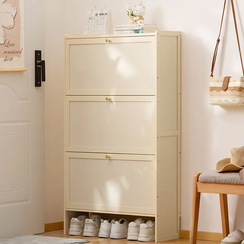Ultra-Thin Vertical Shoe Cabinet Multi-Layer Flip Cover Space-Saving Shoe Organizer with Doors for Entryway Storage