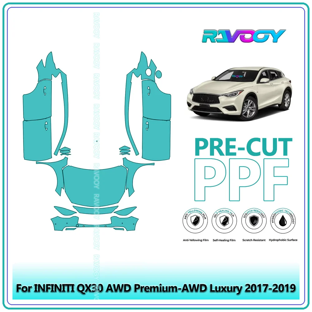 RAVOOY 8.5Mil Custom-Fit Precut TPU PPF Front Kit Clear Bra Stone Guard EU UK For INFINITI QX30 AWD Premium-AWD Luxury 2017-2019