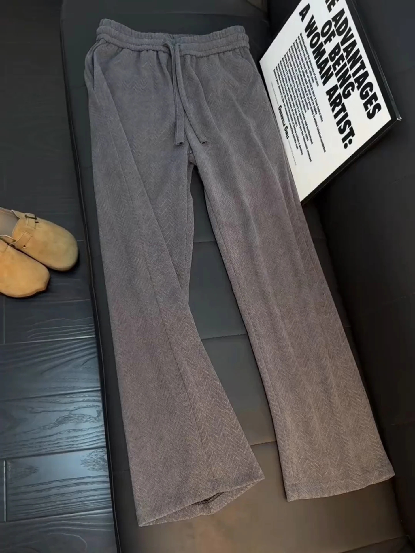 

Мужские повседневные брюки из трикотажа с флисовой подкладкой, темно-серые, осенне-зимние, с вышивкой, прямые, свободные, широкие штанины