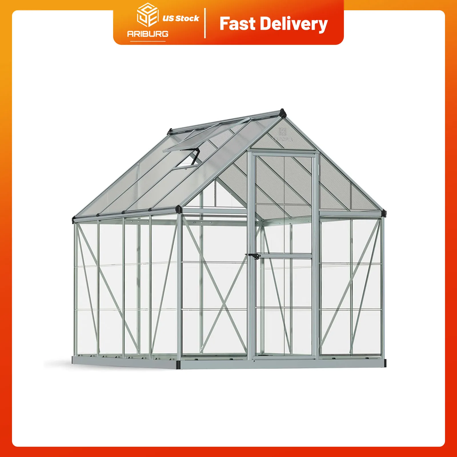 Greenhouse Kit 6' x 8' Hobby Walk-In Polycarbonate Heavy Duty Aluminum Frame Lockable Door and Vent Hybrid