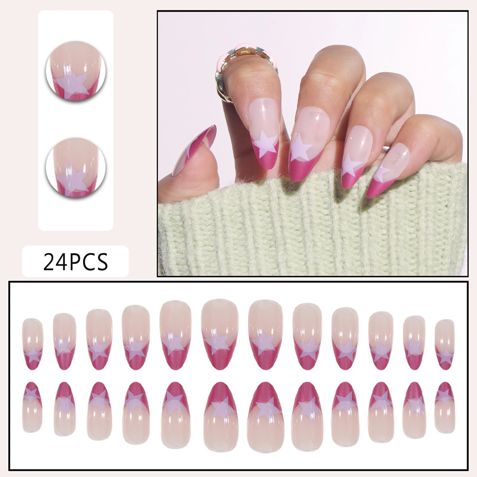 24Pcs Purple French Press On Nails Nude Color Almond False Nails Five-pointed Star Printed Y2K Girls Charm Manicure Nails Art