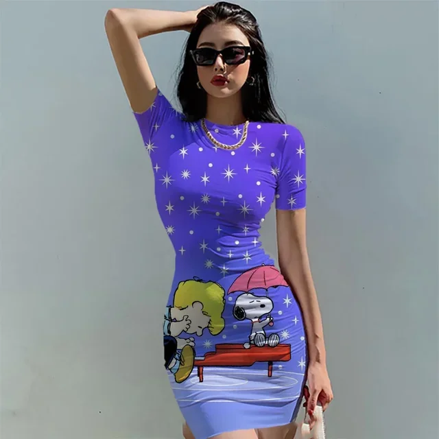 Minigonna sexy e aderente Snoopy O-collo in vita a pieghe, abito slim fit da ragazza piccante, canotta da donna aderente nera