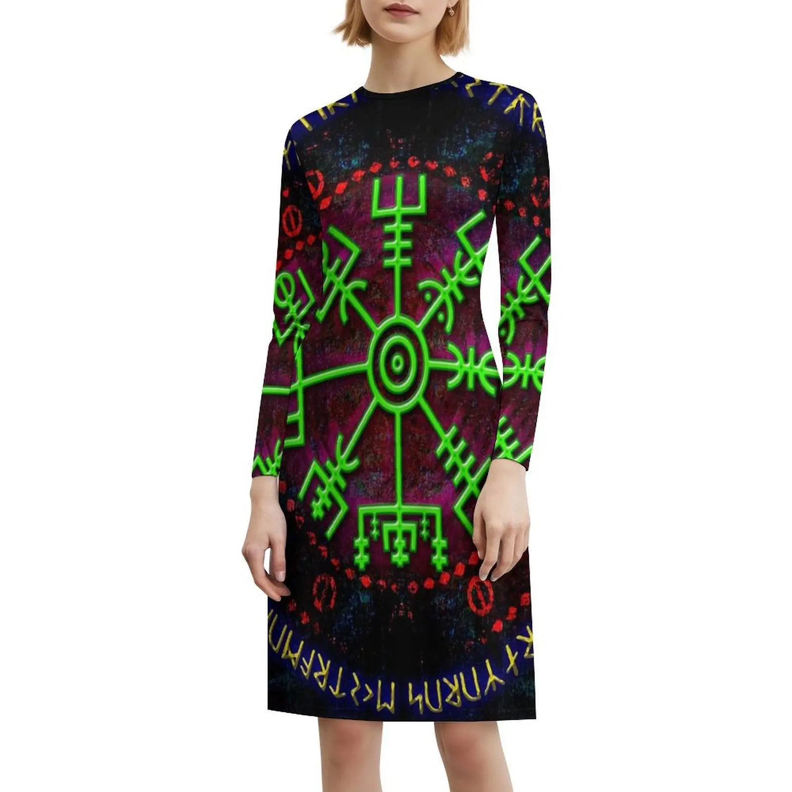 Vegvisir 07 B فستان حفلات نسائي ملابس الشارع الشهير ملابس نادي مطبوعة عصرية للإناث Vegvisir Rune رمز سحري باقان أنثى