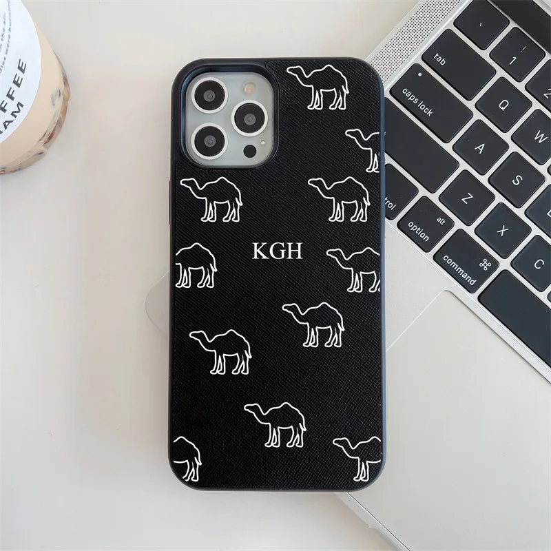 Custom Camel Initials Brick Saffiano Vegan PU Leather Case for iphone 14 13 11 12 Pro Max 14Plus XR XS Max Case Luxury Cover Hot