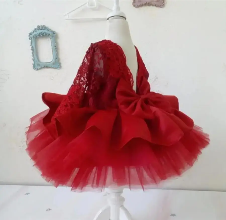 

Red Satin Tulle Girl Dresses With Big Bow O Neck Tutu Long Sleeves Lace Flower Girls Dresses Gift Christmas