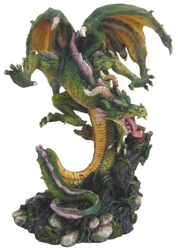 Green Forest Dragon Resin Figurine Fantasy Roaring Dragon Statue Twisted Rock Base Mythical Creature Desktop Ornament Home Decor