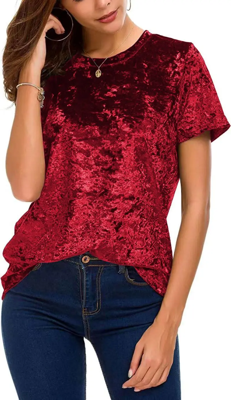 

Женский однотонный Золотой бархатный топ с круглым вырезом и коротким рукавом, повседневный Свободный пуловер, футболка