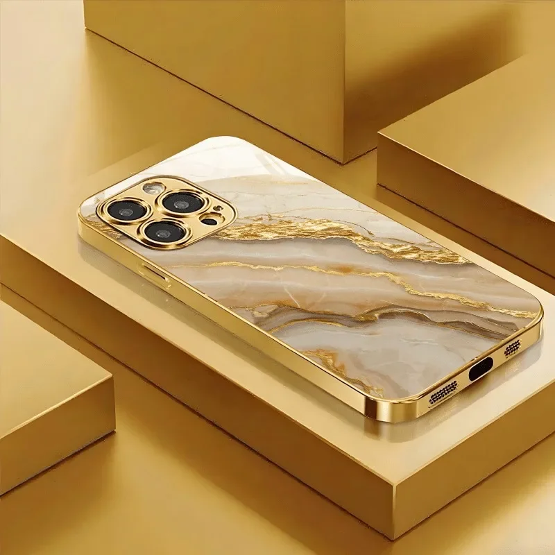 Gold White Marble Patterned Phone Case for iPhone 17 16 15pro14 13 12 11 12pro 13pro Max 14plus 16e 17Air Tempered Glass Cover