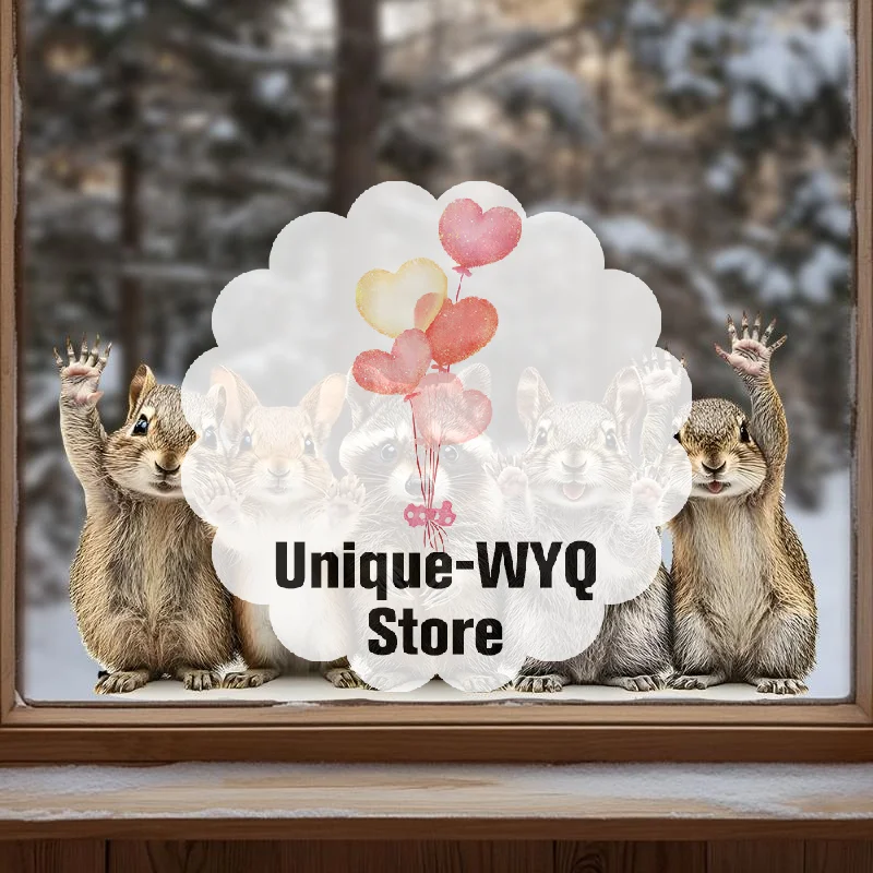 Cute Forest Animal Window Stickers Squirrel & Raccoon Waving Glass Art Decals For Home Living Room Bedroom