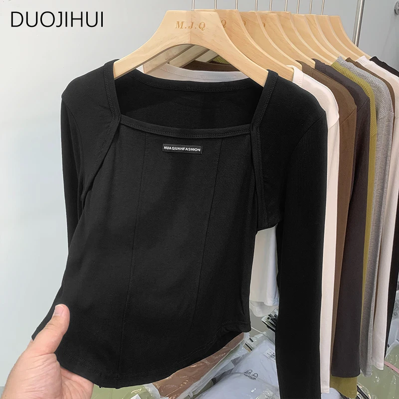 DUOJIHUI American Chic Square Neck Simple Women t-shirt autunno New Basic tinta unita moda Casual manica lunga t-shirt femminili