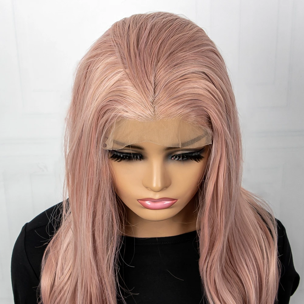 28 inch Light Pink Lace Front Synthetic Wig for Women Middle Part Natural Wavy T Lace Wig for Women Party Cosplay