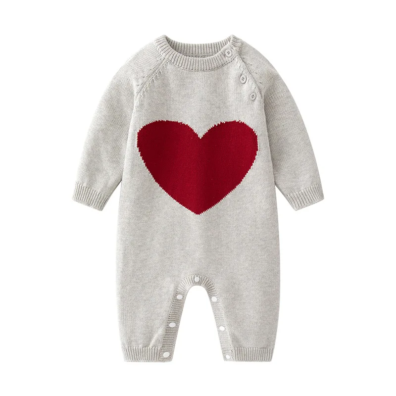 2023 Baby Autumn Winter Jumpsuit Outfits Infant Girls Clothes Long Sleeve Solid Color Knitted Romper Infant Heart Pattern Romper