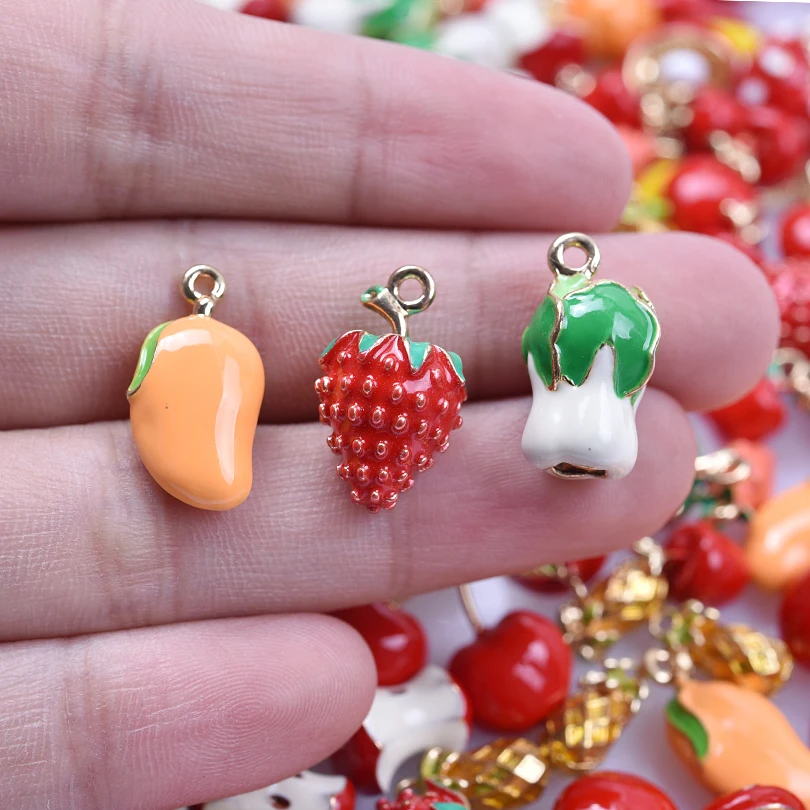 12pcs/lot Fruit Vegetable Strawberry Pendant Charms Enamel Alloy Pepper Apple Mushroom Pineapple Mango DIY Jewelry Making Bulk