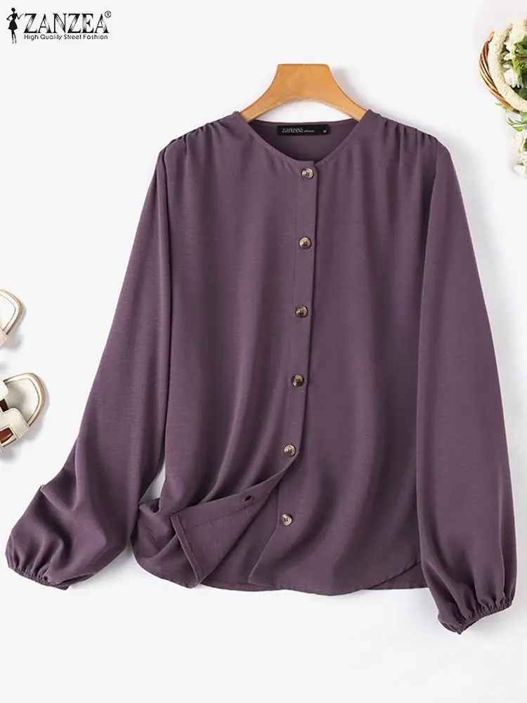 ZANZEA Elegant Women Textured Blouses Korean Fashion Button Up O Neck Lantern Sleeve Blusas 2024 Autumn Casual Everyday Tops