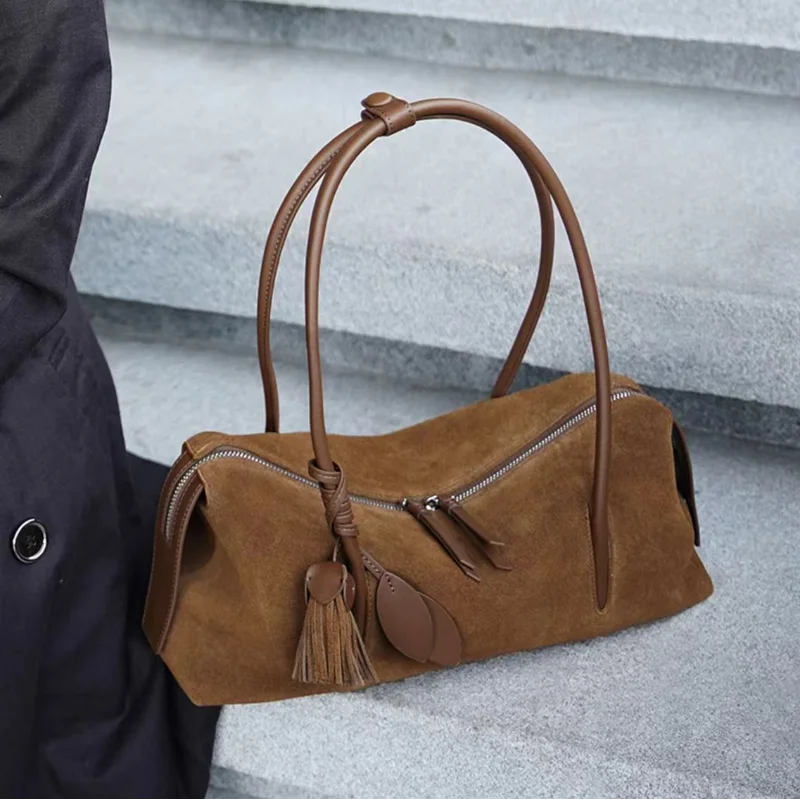 

Brand Frosted Suede Underarm Bag Women Luxury Long Handled Handbag With Pendant Double Zipper Design Vintage Velvet Shoulder Bag