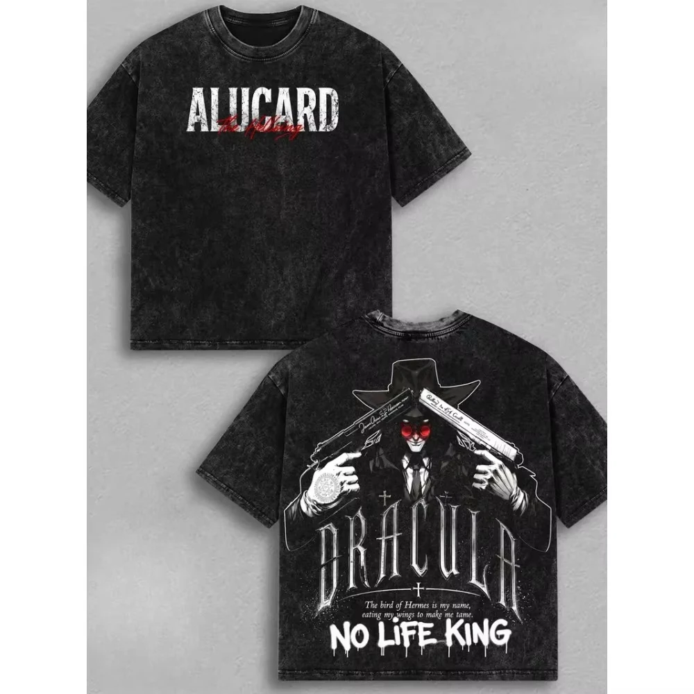 Anime Alucard Hellsing Manga Graphic Print T-shirt Men Women Retro Washed O-neck Cotton Harajuku Y2K Fashion Top Oversized Tee
