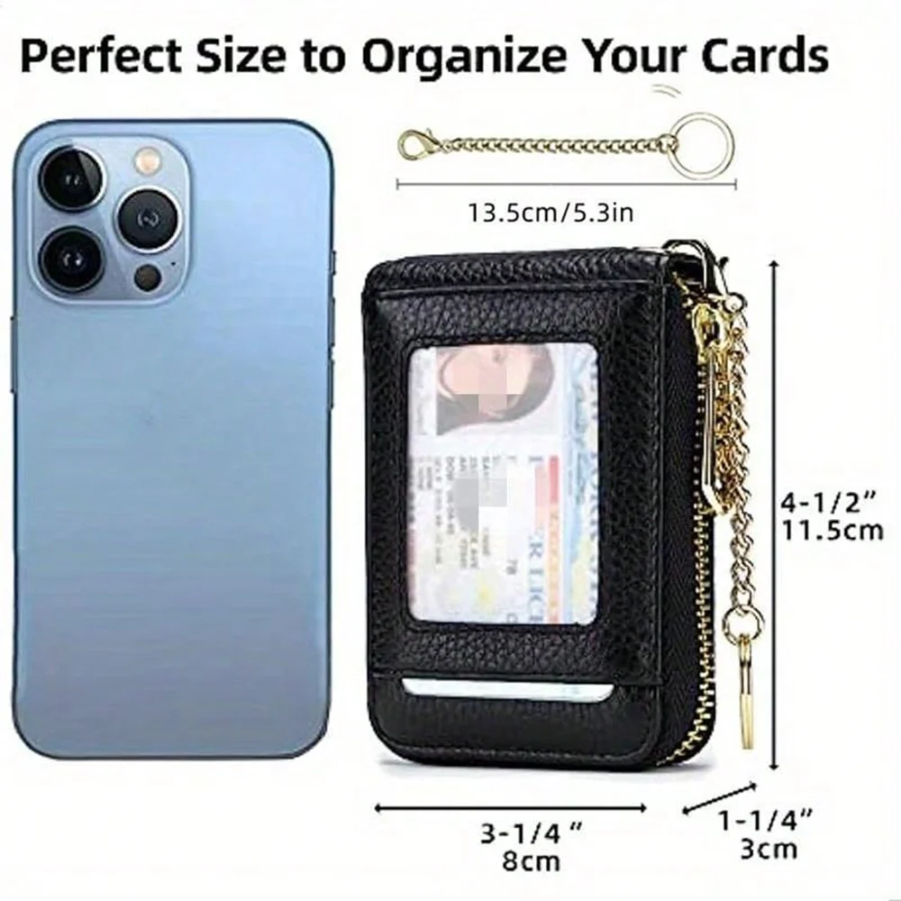 RFID Credit Card Holder, Small Leather Zipper Card Case Wallet with Removable Keychain ID Window