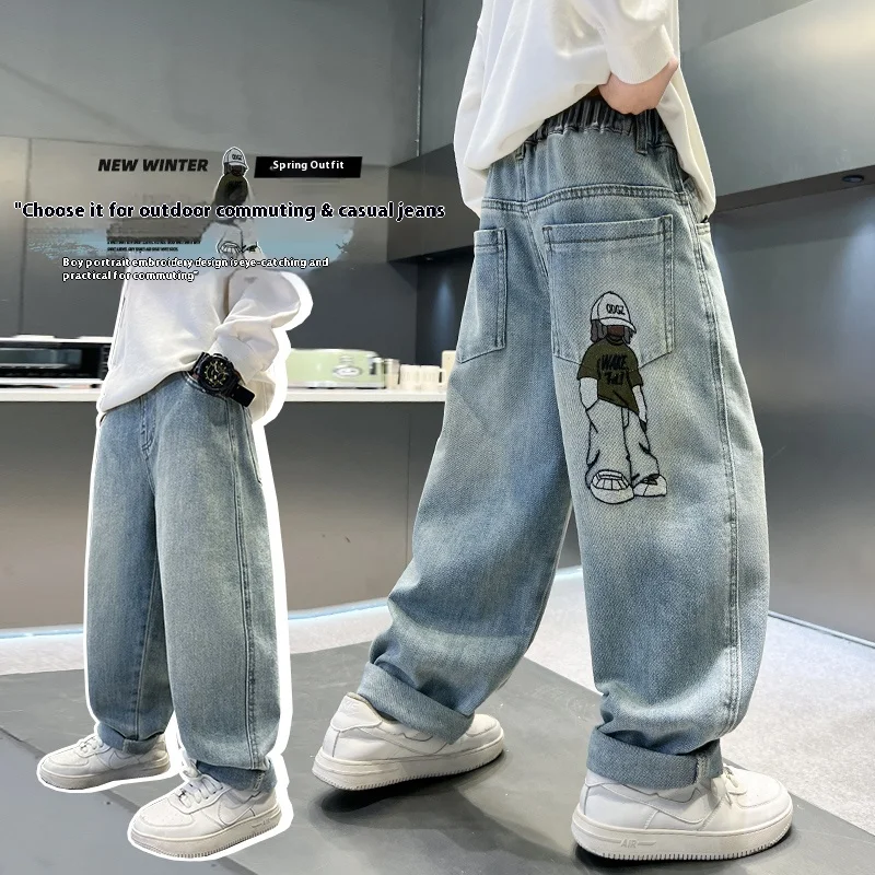 Boys Retro Solid Color Straight Leg Jeans Street Style Back Pocket  Pattern Jeans for Big Kids Straight Leg Wide Leg Pants 5-15