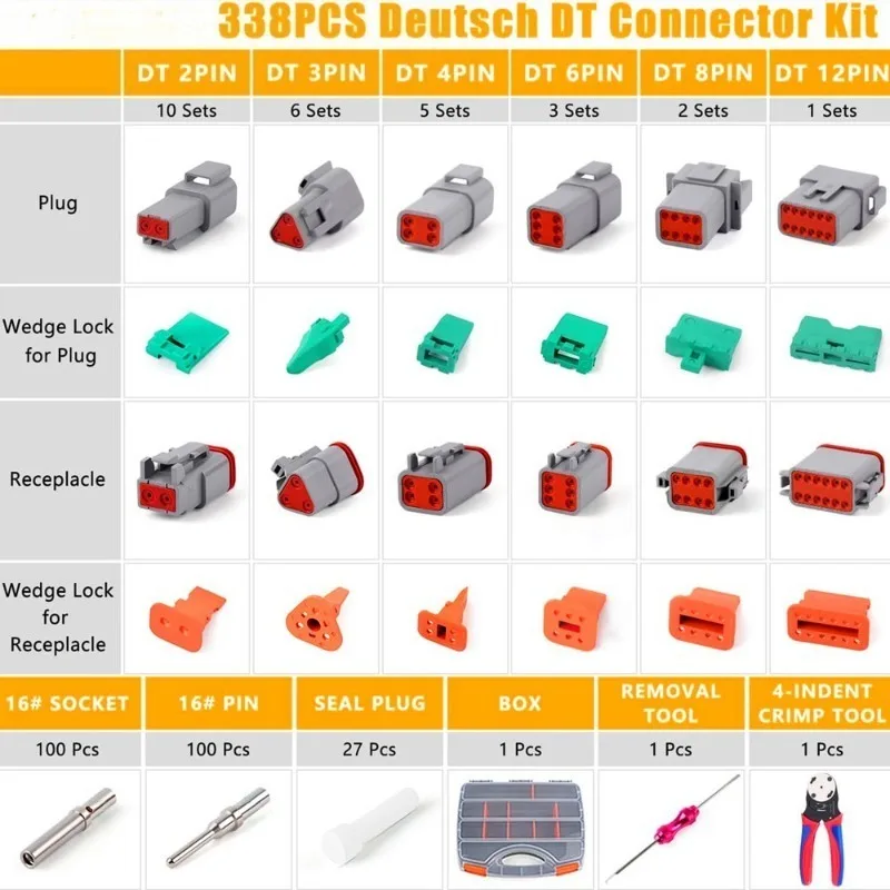 338pcS DT Deutsch Series Waterproof Auto Connector Kits Solid Contacts With Crimping & Removal Tools DT06-2 S DT04-2 P DT06-3 S