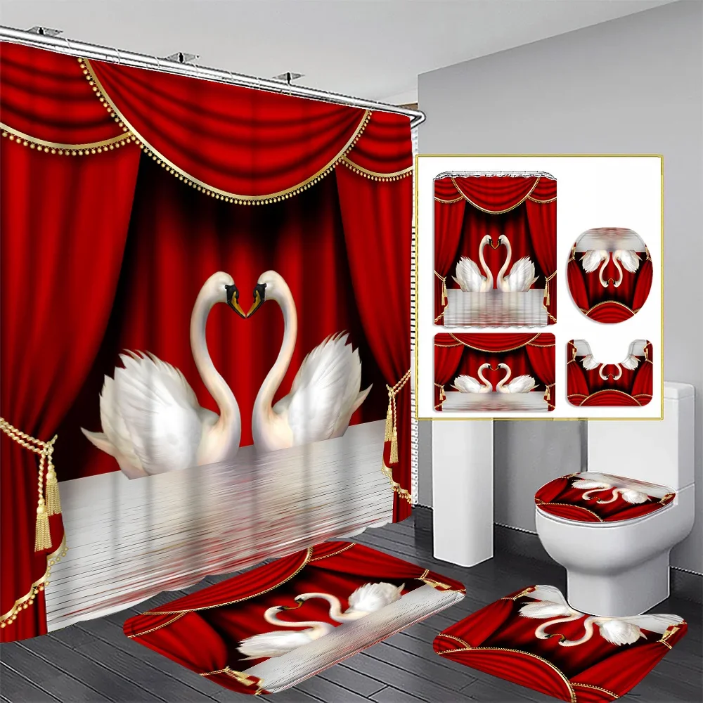 

Red and Gold Swan Bathroom Four-Piece Set, Luxury Bath Accessories with an Elegant and Romantic Design