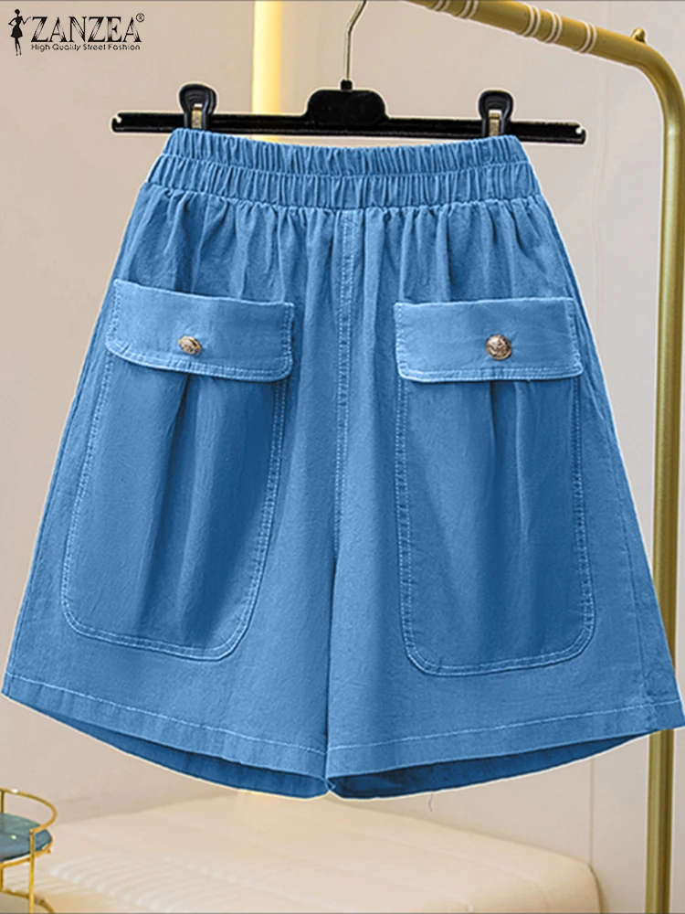 

Джинсовые шорты женские повседневные свободные брюки с эластичной резинкой на талии ZANZEA 2025 модные летние короткие брюки с карманами и пуговицами большого размера S-3XL