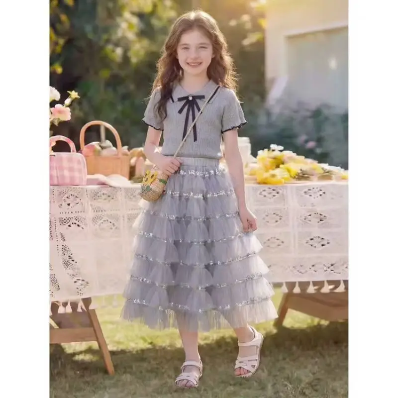 Girls Grey Cake Skirt Set 2026 Summer New Small Fragrant Style Girls T-shirt Mesh Skirt Two Piece Set