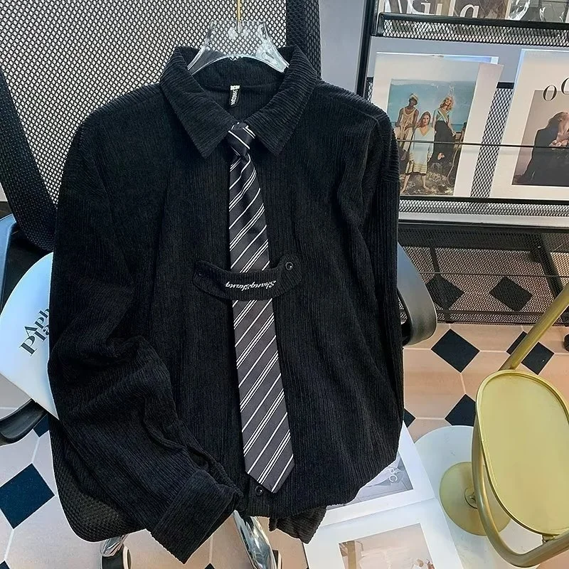 

Chic Oversized Long Sve Corduroy irt Women's Autumn Winter Fce Lined Loose Fit College Sle Japanese Feel Outerwear