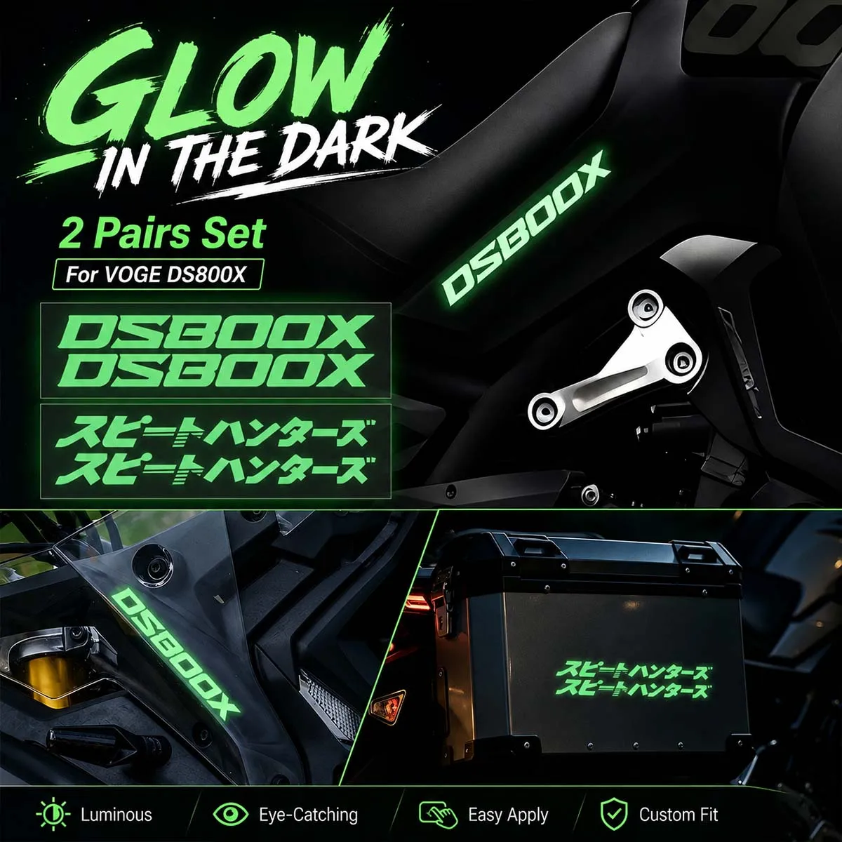 For VOGE DS800X DS 800X Glow In The Dark Motorcycle Stickers Side Box Body Luminous Reflective Decor Vinyl Accessories Decals
